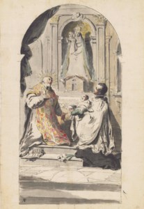 The Madonna of Loreto adored by a bishop saint, with a text from Revelations, and Saint Stanislaus Kostka