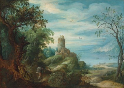 An extensive mountainous landscape with a turret on a hill, faggot gatherers at the edge of a forest and a lake in the distance