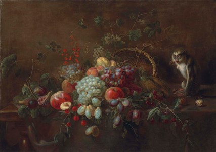 Grapes, apples, plums, figs and other fruit on a partly draped wooden table, a monkey eating walnuts by an upturned woven basket