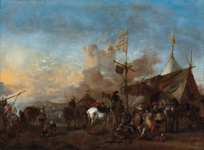 Soldiers and other figures by a sutler's tent, a battlefield beyond