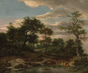 A wooded landscape with a shepherd watering his flock