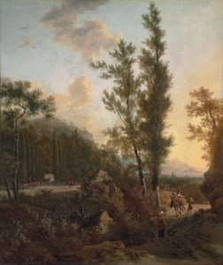 An Italianate wooded landscape with travellers and sheep on a path, a horse-drawn carriage and riders entering a park landscape beyond