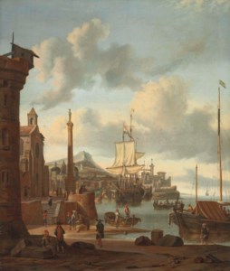 A capriccio of a Mediterranean harbour with a Dutch ship at anchor, a churchyard with a classical column on the embankment, figures descending to the beach
