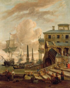 A capriccio of a Mediterranean harbour with stevedores, orientals and elegant figures, with ships beyond