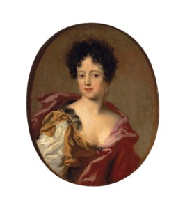 Portrait of a woman, half-length, in a yellow dress and red wrap, with pearl earrings