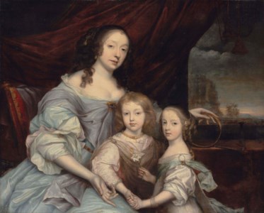 Portrait of Mary Villiers, Duchess of Lennox and Richmond (1622-1685), half-length, in a blue dress, her left hand resting on an Ouroboros, with her children, Esmé (1649-1660) and Mary (1651-1668) Stuart, before a draped curtain, a landscape beyond