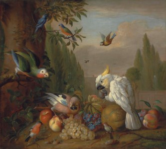 A cockatoo, a parrot, a jay and other birds, with grapes, peaches, plums and a melon, in a park landscape