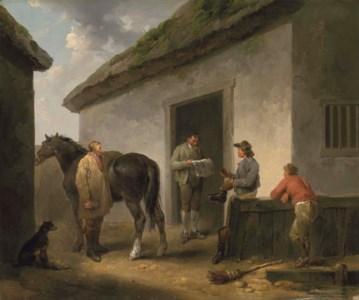 Reading the News: Horse and grooms outside a stable