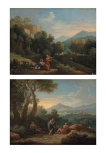 A mountainous Italianate landscape with Arcadian figures conversing on a path, a fortified town beyond; and A wooded Italianate landscape with Arcadian figures conversing on a path