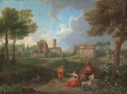 An Italianate landscape with figures conversing by a Sphinx, a town beyond