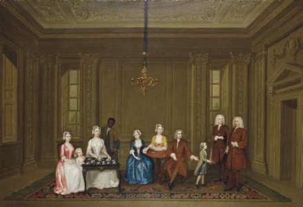 Group portrait of a family, possibly members of the Vernon family, with a servant, in an elegant interior