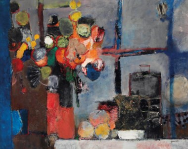 A still life with fruit, colourful flowers and a jar