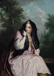 Portrait of a lady, three-quarter-length, in a pink dress, and a black shawl, a fan in her left hand, seated in a landscape