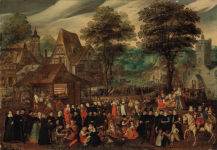 A village festival with elegantly dressed figures in procession, a river and tower beyond