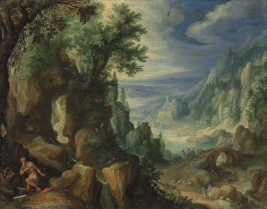 Saint Jerome praying in a rocky landscape