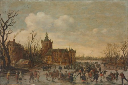 A winter landscape with figures skating in front of Monfoort castle