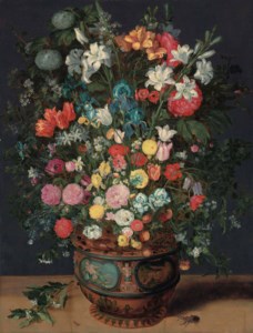 Jan Brueghel II, Lilies, irises, tulips, roses, orchids, primroses, peonies and other flowers in a sculpted vase decorated with the figures of Amphitrite and Ceres, with a branch of flowers, a stag beetle and other insects