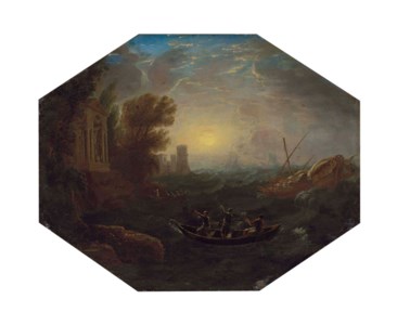 La Tempête: A Mediterranean costal landscape with rowing boats and a galley in rough seas, a seaside temple and a tower, other vessels beyond