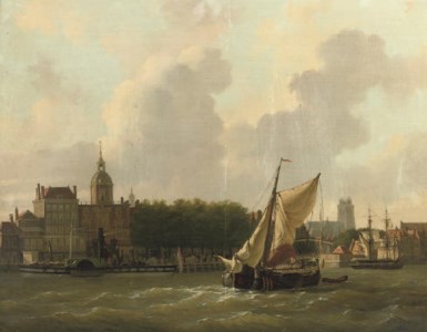 A view of Hotel Bellevue in Dordrecht with the Grote Kerk beyond