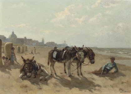 Donkeys on the beach of Scheveningen with the Kurhaus beyond