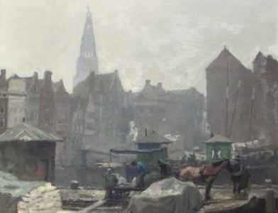 A view of Damrak, Amsterdam, with the Oude Kerk in the distance