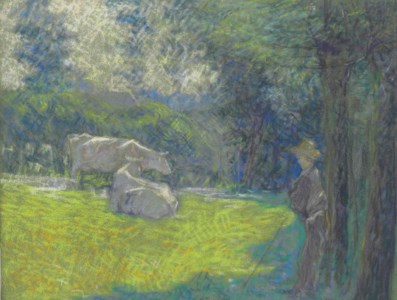Fermier dans la prairie gardant ses vaches