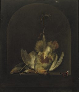 A dead partridge hanging from a nail with two other dead birds in a painted niche, a butterfly nearby