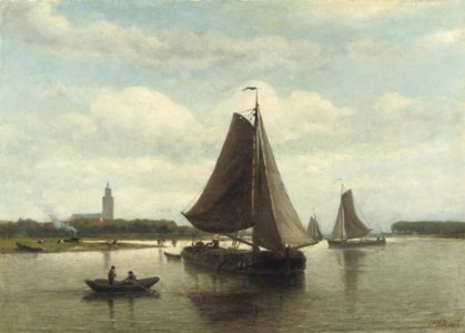 Shipping on a calm, a village beyond