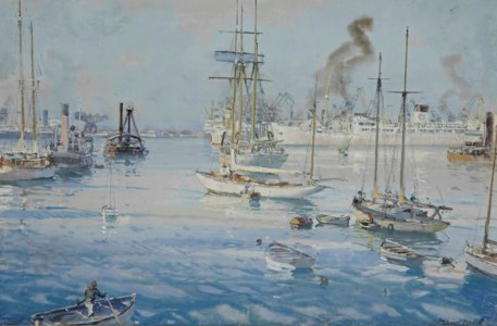 Barques, voiliers et paquebots amarrés dans un port