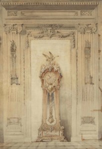 Etude d'un régulateur de parquet de la fin du XIXe siècle surmonté d'une figure de la Renommée et laissant apparaître le balancier, entouré de boiseries