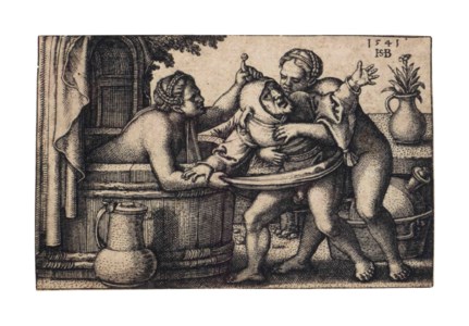 Buffoon and two bathing Women