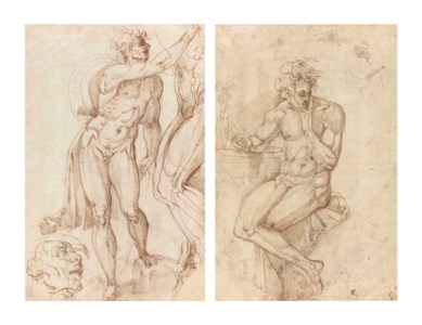Two male nudes seen from the front and side, with a subsidiary study of the head of the complete figure ( recto ); A seated male nude leaning on a table ( verso )