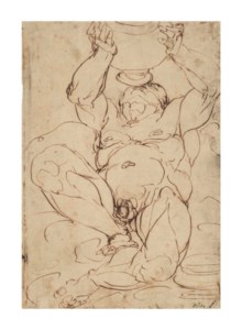Silenus drinking from a great vase held above his head
