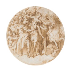 A scene from Roman history, probably Cloelia released by the Etruscan King Porsena