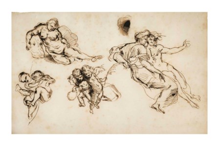 A sheet of studies: a reclining couple, a woman sleeping, two figures and two putti