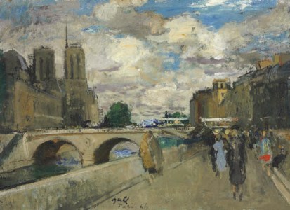 Vue de Notre Dame et du Pont Saint Michel au crèpuscule depuis le quai des Grands-Augustins
