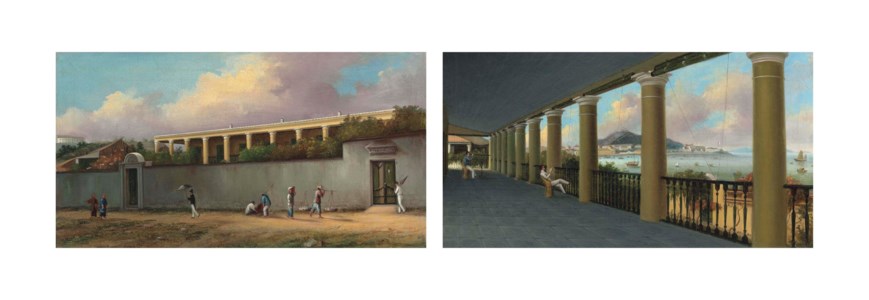 The verandah of Nathaniel Kinsman's residence at Macao, looking across the Praya Grande; and Nathaniel Kinsman's residence at Macao, seen from the Praya Grande