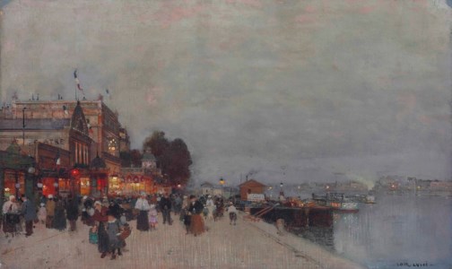 A crowd in front of a theatre on the bank of the Seine
