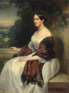Portrait of Mrs Ackermann, three-quarter length, seated in a landscape