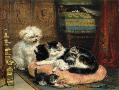 A mother with her playful kittens watched over by a terrier