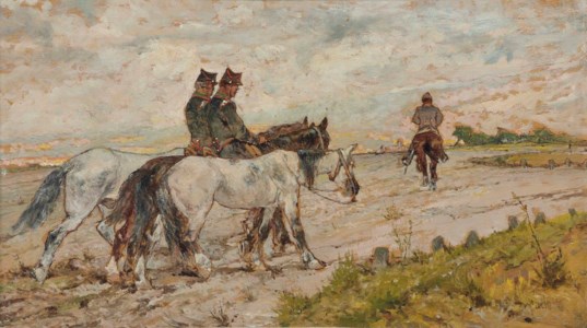 Three soldiers riding in an estuary