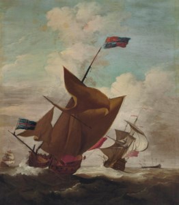 An English Royal Yacht, with the Lord High Admiral, Prince George (husband of Queen Anne, 1653-1708) aboard, amidst escorting warships in a stiff breeze possibly en route to Denmark, the Prince's home