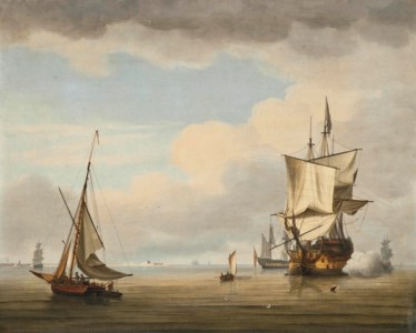 A Royal Navy three-decker announcing her departure from the anchorage at Spithead
