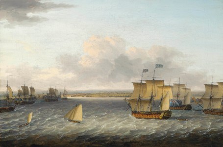 The Blue Squadron of His Majesty's Fleet entering Havana harbour to take possession on 16 t h August 1762, led by H.M.S. Valiant commanded by the Honourable Augustus Keppel