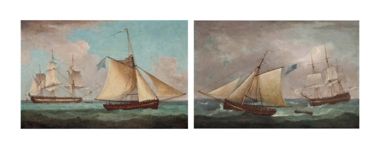 A French frigate hove-to in the Channel with an English armed cutter standing by; and A Dutch barque in the Channel accompanied by a cutter of the Royal Navy (both illustrated)