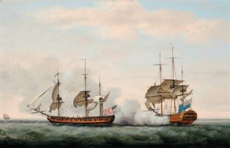 The East India Company's ship Bridgewater successfully defending her cargo from an attack by the American privateer Hampden on her way from St. Helena to England on 8 t h March 1779
