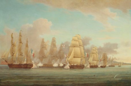 H.M.S. Spartan engaging a French squadron in the Bay of Naples and capturing the brig Sparvière , 3 r d May 1810