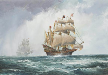 The Ark Royal flying the Royal Standard in the Channel