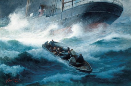 A steam yacht foundering in a storm with rescue at hand