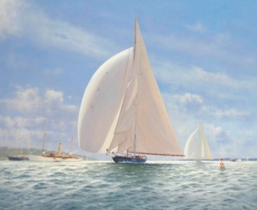 The two protagonists Britannia and Shamrock (V) racing off Cowes with Sir Thomas Lipton's steam yacht Erin lying off to starboard